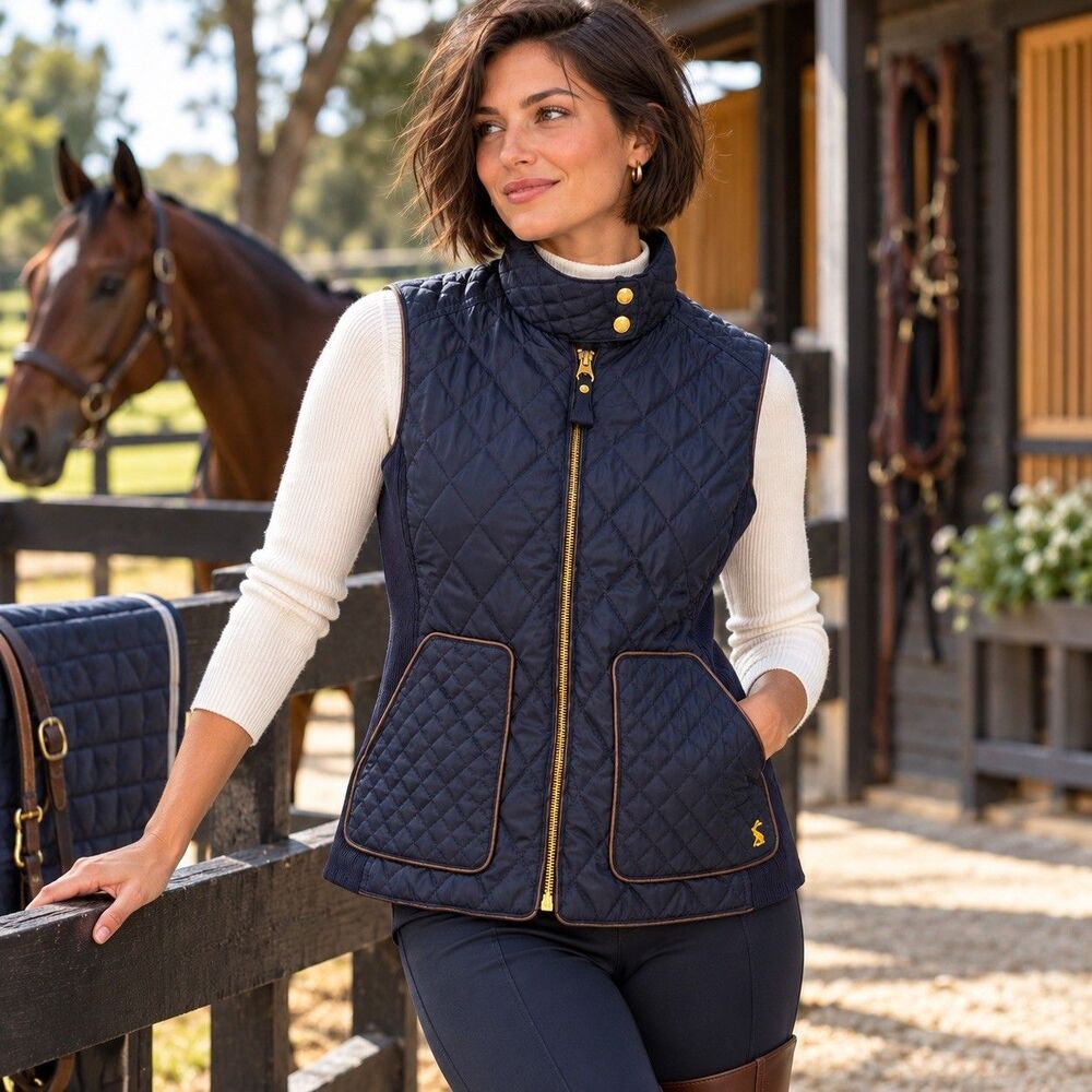 Joules Navy QuiltedVest Gilet Equestrian HorsePrint Lined US8 UK12 GreatBritain